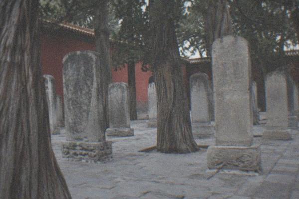 Stone gate and courtyard of the Confucius Temple in Beijing with ancient cypress trees