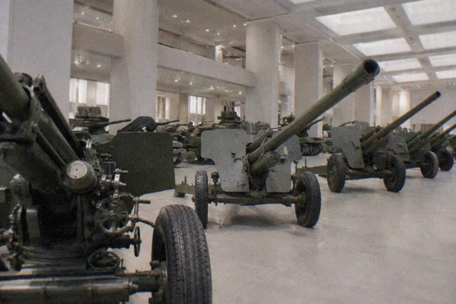 Tanks and artillery pieces displayed in the central hall of the Military Museum in Beijing